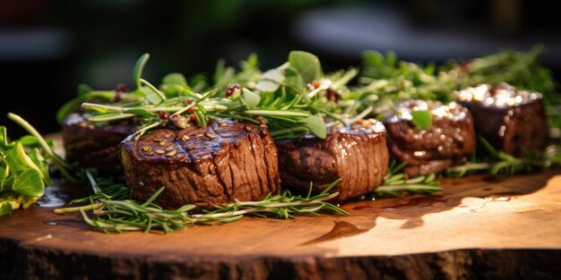 Classic steak on a white plate with bright greens Generative AI