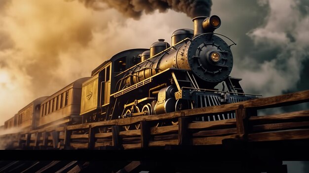 Classic steam locomotive train engine on track generative ai