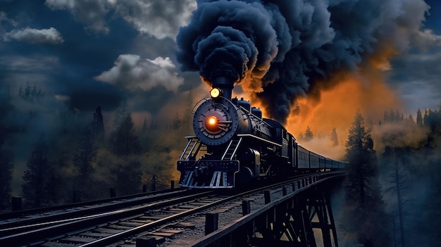 Foto motore classico del treno della locomotiva a vapore sulla pista generativa ai