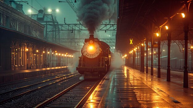 Classic Steam Train Arrival on Misty Railway Platform