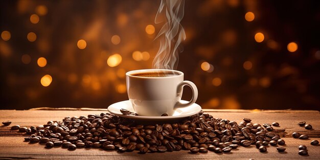 Photo classic steaming coffee cup surrounded by coffee beans on a rustic wooden table with warm lighting