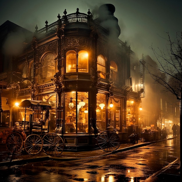 Classic steampunk professional background Steampunk streets with lanterns High quality illustration