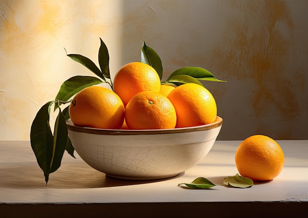 A classic still life arrangement featuring a bowl of oranges on a marble tabletop against a warm or