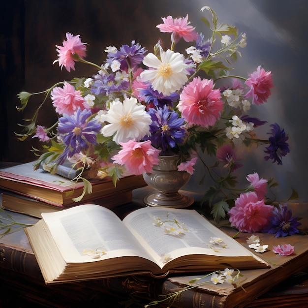 Classic still life with a bouquet of flowers and an open book Illustration AI generation