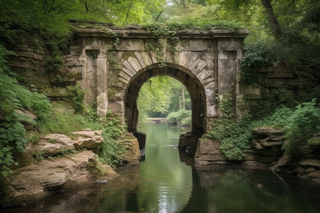 Classic stone archway over a serene waterfall created with generative ai
