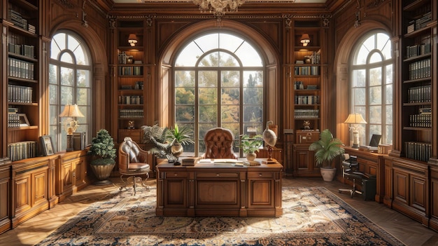 a classic study room with a wooden desk leather chair bookshelves filled
