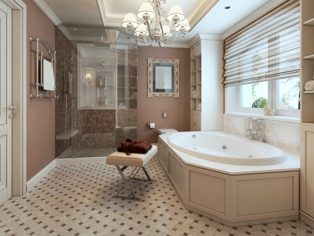 Classic style bathroom with white furniture and brown walls