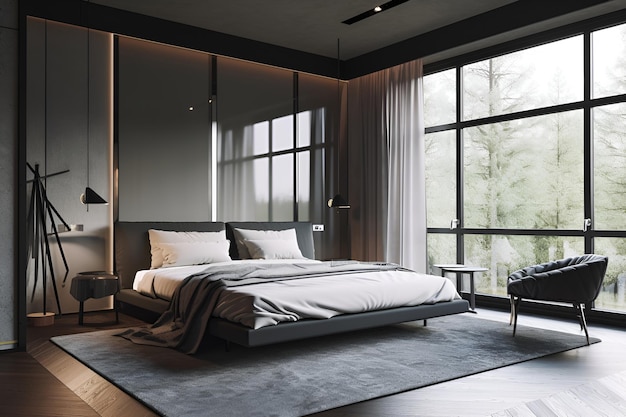 Интерьер спальни в классическом стиле с современной кроватью в роскошном доме, созданном AI