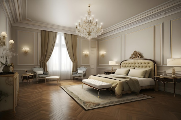 고급 주택 Generative AI의 현대적인 침대가 있는 고전적인 스타일의 침실 인테리어