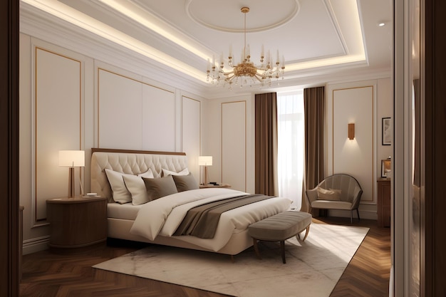 고급 주택 Generative AI의 현대적인 침대가 있는 고전적인 스타일의 침실 인테리어