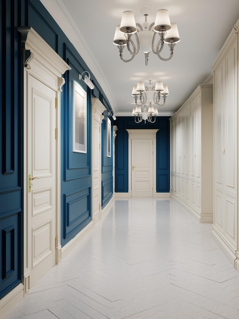 Classic style corridor with orange walls, white doors and wood-paneled walls. The paintings on the walls. 3D rendering.