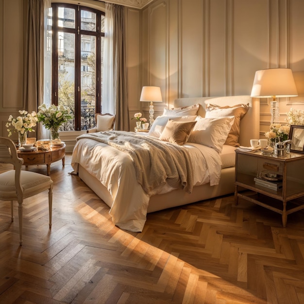 Foto camera da letto in stile classico con pavimenti in parquet in legno