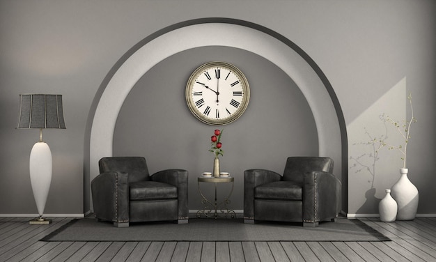 Classic style interior with arch wall and black armchair