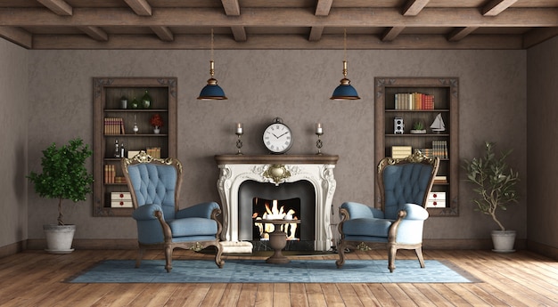 Photo classic style living room with fireplace and blue armchair