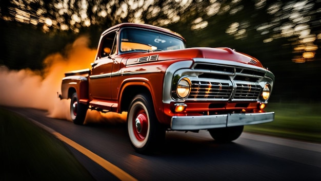 Classic style retro vintage 4x4 british classic jeep SUV motion as it speeds through sunset avenue