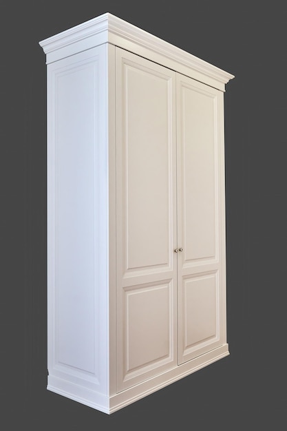 Classic style wardrobe isolated on gray background White wardrobe with crown molding