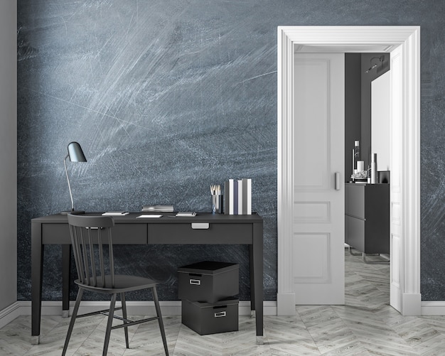 黒板の壁、テーブル、椅子、ドア、白い寄木細工の床とクラシックなスタイルの職場のインテリア。 3Dレンダリングイラスト。