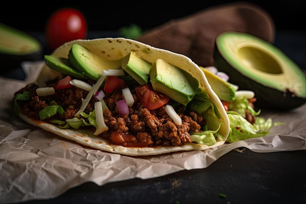 A classic taco filled with spicy ground beef and slice of avocado created with generative ai