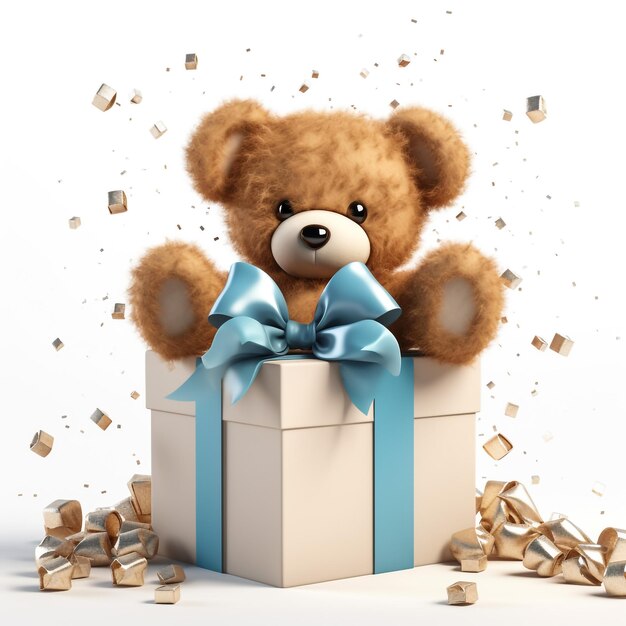 Foto orso di peluche classico con arco rosso e scatola di regali isolata su sfondo bianco