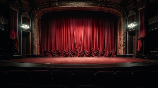 アルが生成したリアルで豪華なカーテンとスポットライトを備えた古典的な劇場音楽シーン