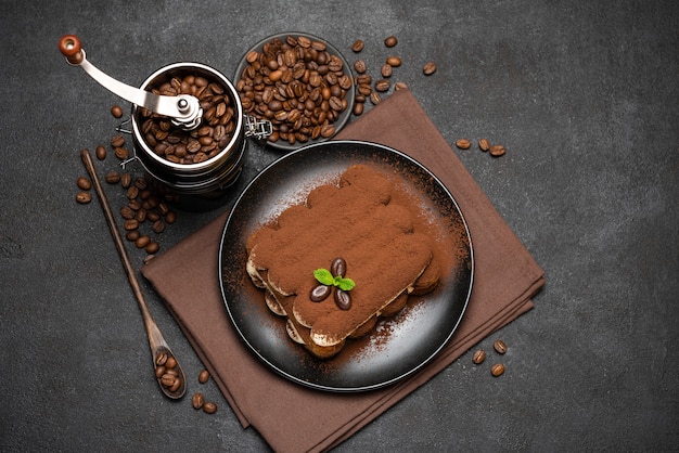 Classic tiramisu dessert on a ceramic plate