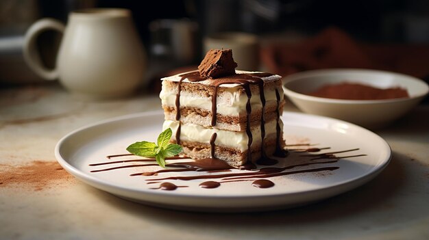 classic tiramisu dessert on a white platter