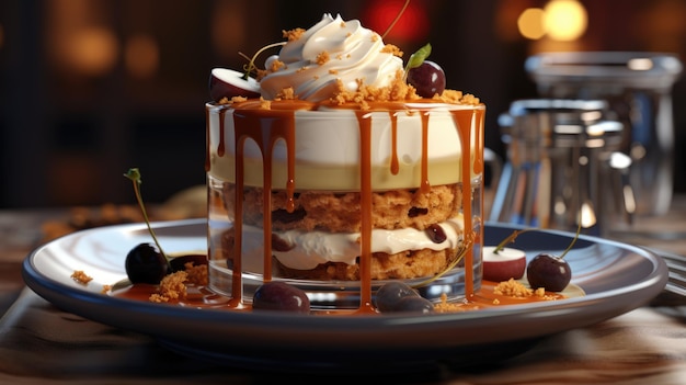 Classic tiramisu dessert with whipped cream cherries and caramel Generative AI