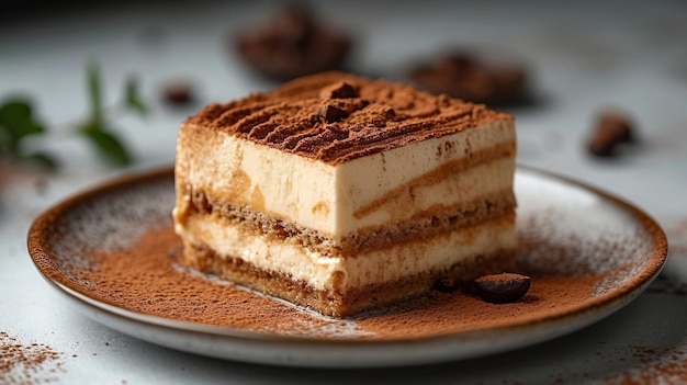 Classic tiramisu with a cocoa dusting elegantly presented on plate AI generate illustration