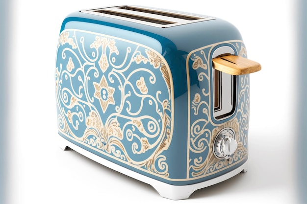 Классический тостер с декоративным геометрическим орнаментом в виде синих линий