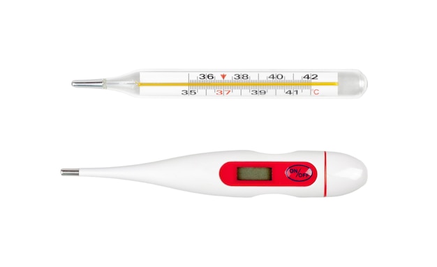classic traditional old glass mercury thermometer and a digital electronic one two different objects