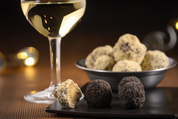 Classic truffle and glass of sparkling wine created with generative ai