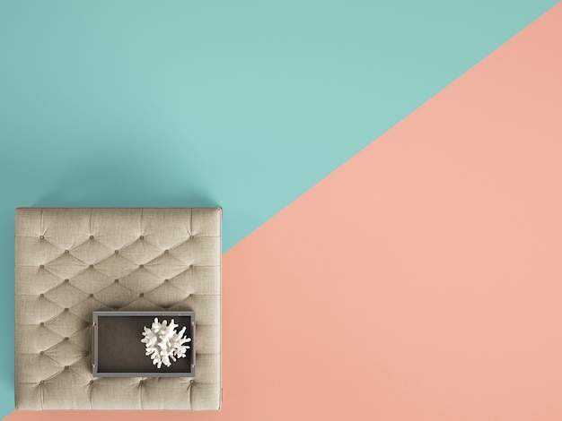 Classic tufted coffee table ottoman with decor on pastel color with copy space. Flat lay