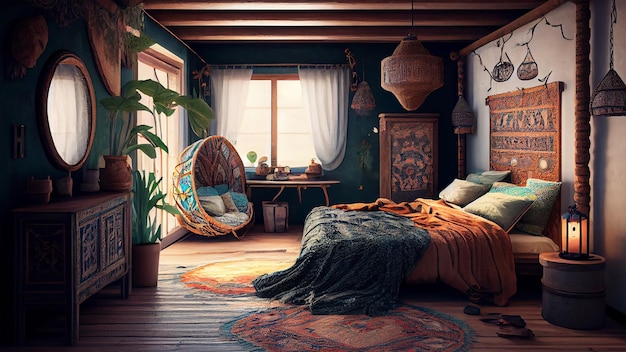 Classic and vintage bohemian ethnic bedroom interior elegant and warm feeling Decoration and pattern floral background wallpaper Generative AI