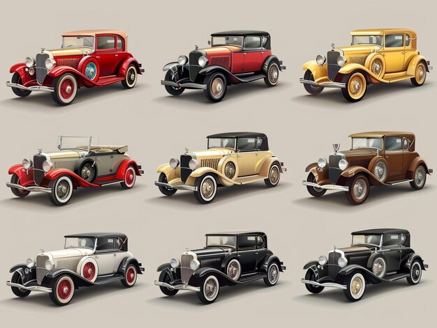 Classic vintage car collection detailed 3D vector style