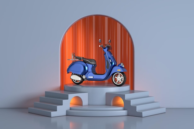 Classic Vintage Retro or Electric Scooter on the Blue Realistic Cylinder Product Promotion Stand Podium with Arch Window in Studio Room with Steps 3d Rendering