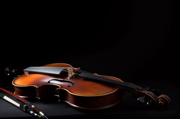 Classic violin and bow on black background space for text