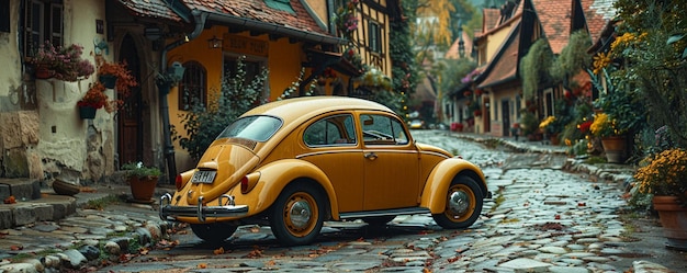 Foto un classico coleottero vw che viaggia sullo sfondo