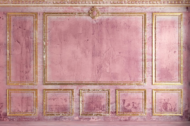 古い金スタッコ パネルのピンクのペイントの古典的な壁