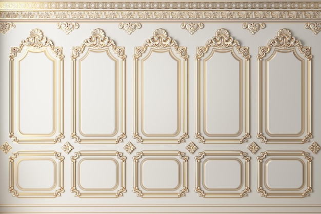 Classic wall of white and gold wood panels