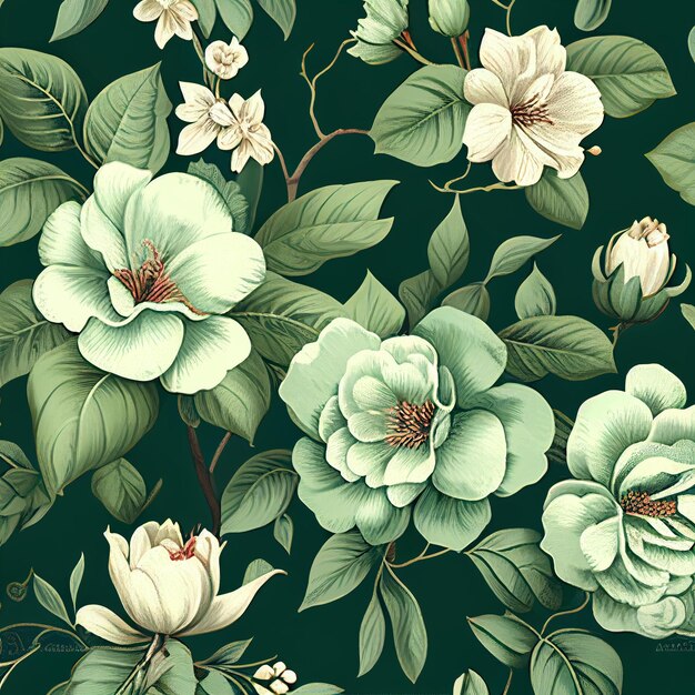 Classic wallpaper seamless vintage flower pattern on green background