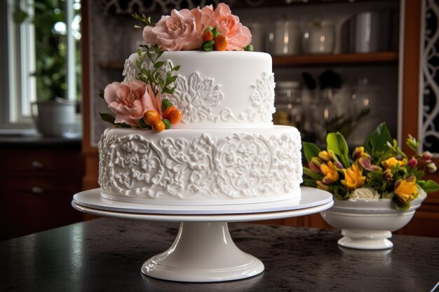 Classic white cake with intricate scrollwork and sugar flowers created with generative ai