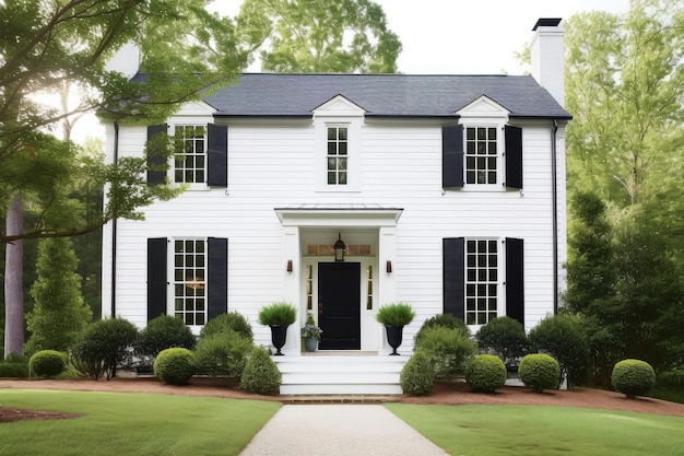 Classic white clapboard exterior with black shutters and door