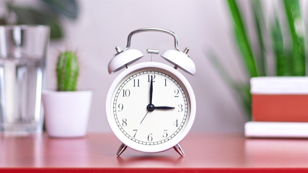 Classic white clock on a table The clock hand points at 0300 1500 close up photo interior