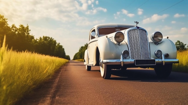 Classic white convertible car traveling in the countryside at sunset