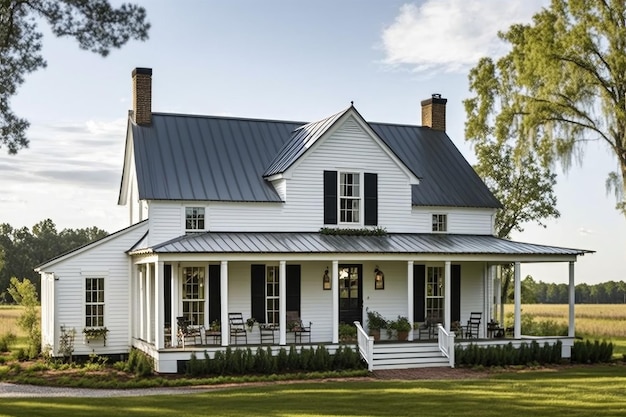 Classic white farmhouse with wraparound porch and black metal roof
