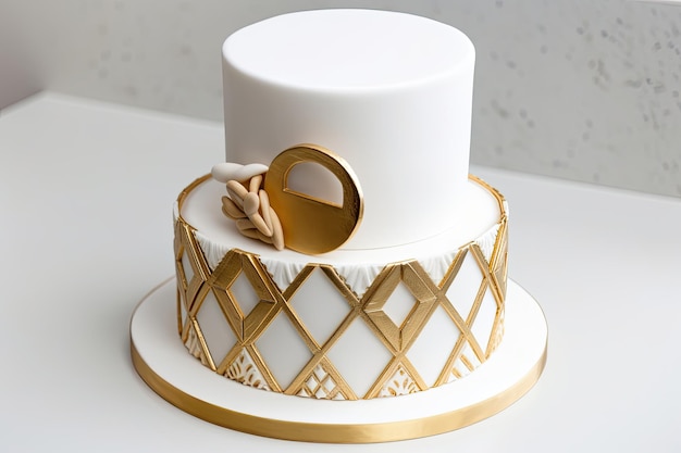 A classic white and gold ring cake with modern geometric design