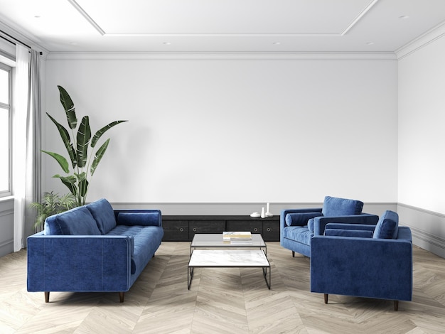 Classic white interior with blue furniture and decor