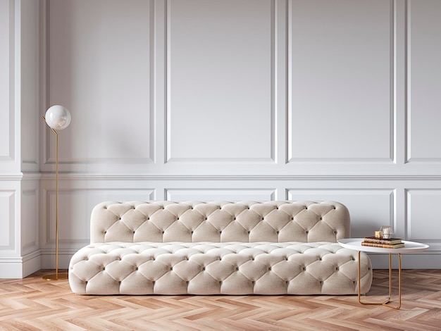 Classic white interior with capitone chester sofa mouldings wooden floor floor lamp