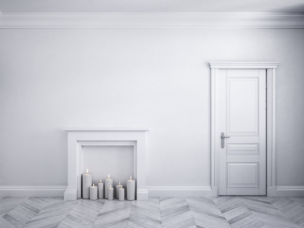 Classic white interior with door, parquet, and fireplace with candles. 3d render illustration