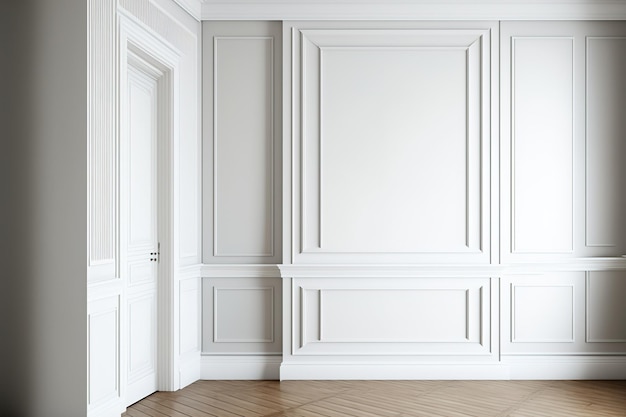 Photo classic white interior with wooden flooring moldings and wall panels mockup for an illustration